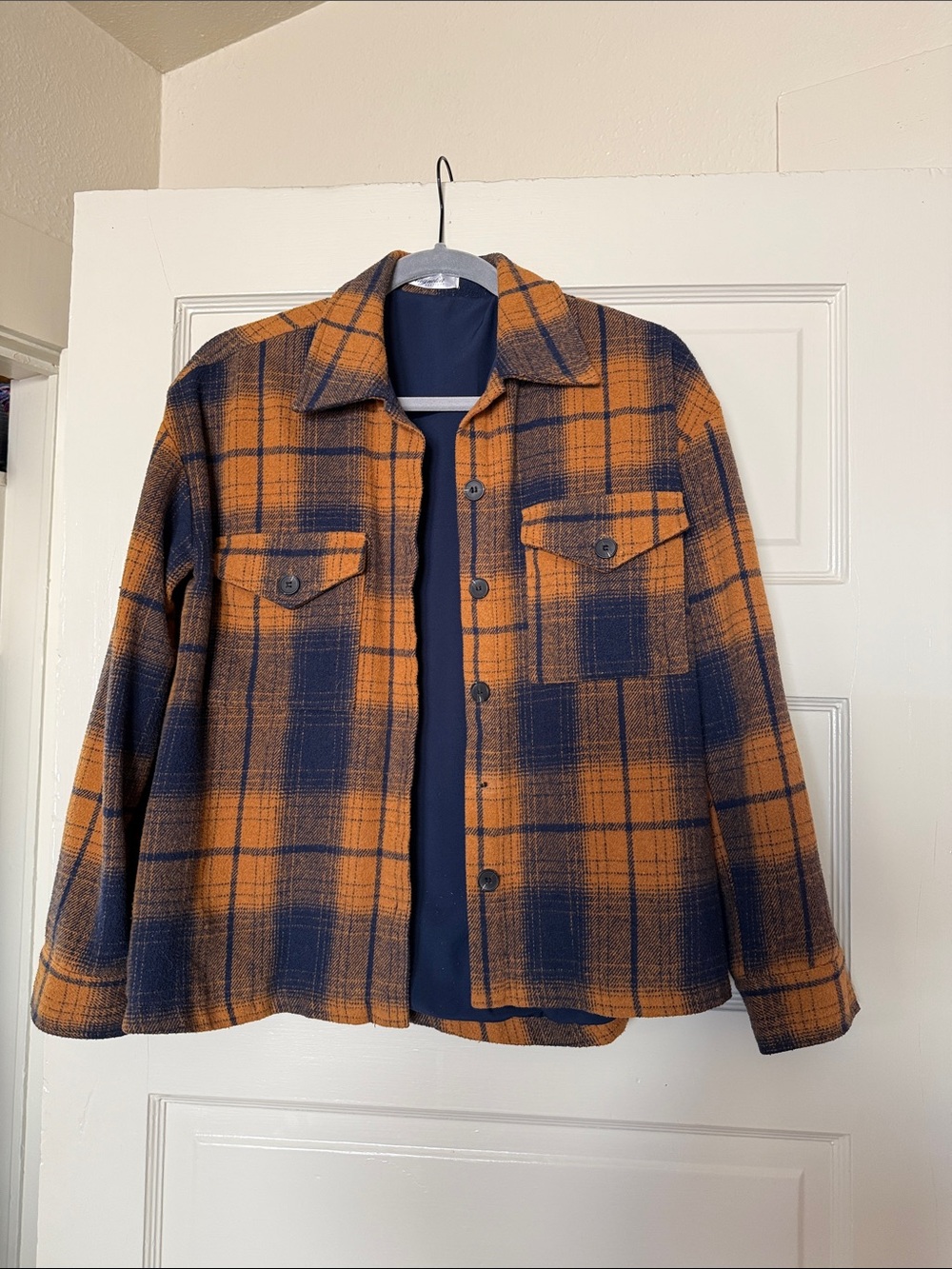 Women's Orange & Navy Plaid Lightweight Shirt Jacket